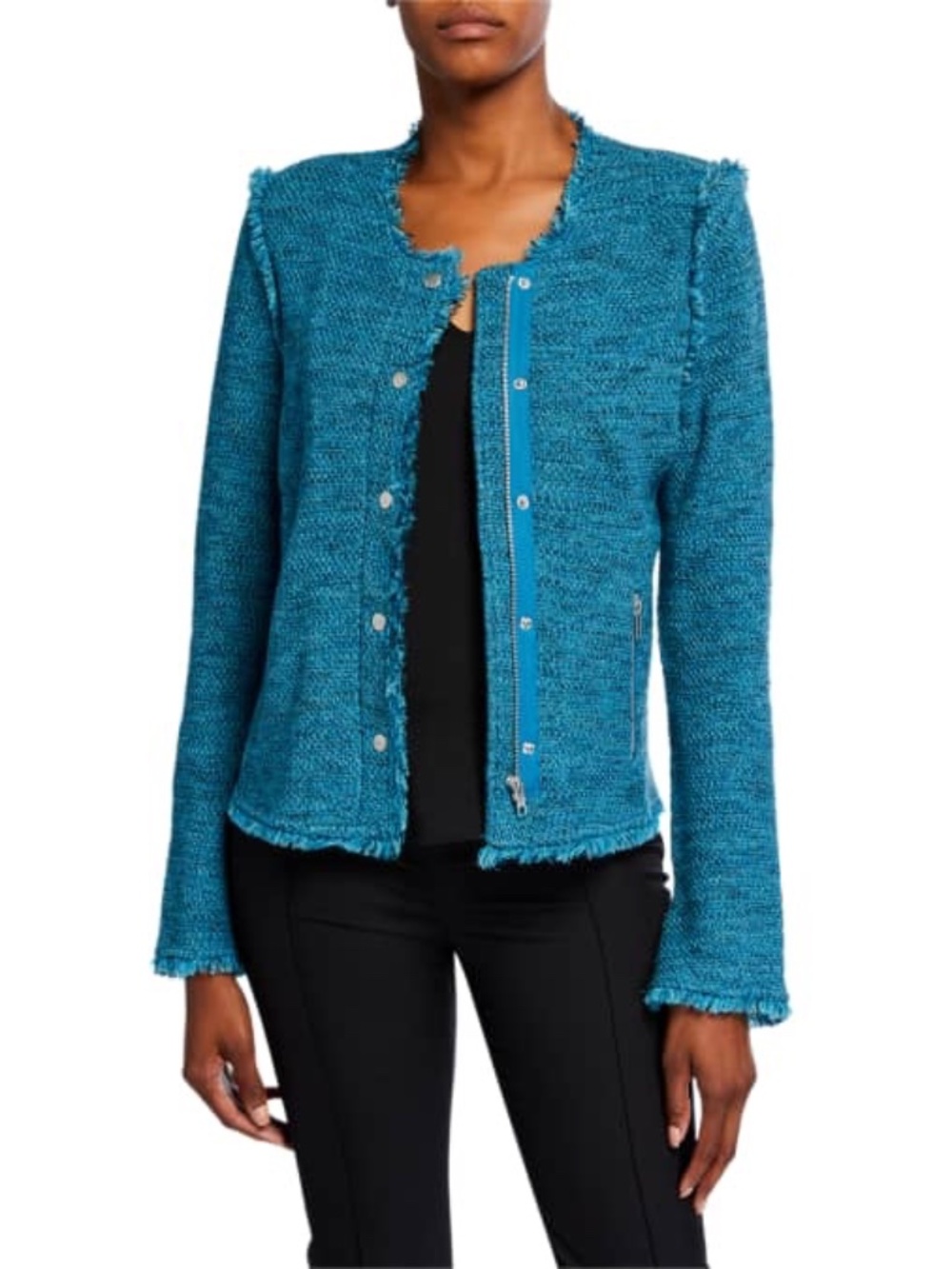 Textured Fringe Knit Snap Front Jacket Zip Pocket Blue Size L NIC+ZOE